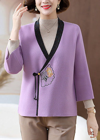 Chinese Style Purple V Neck Patchwork Knit Cardigans Spring