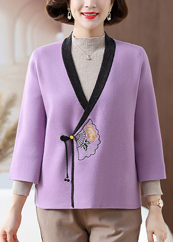 Chinese Style Purple V Neck Patchwork Knit Cardigans Spring