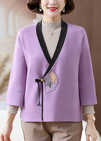 Chinese Style Purple V Neck Patchwork Knit Cardigans Spring