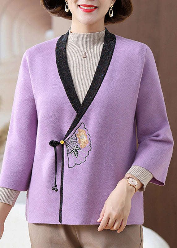 Chinese Style Purple V Neck Patchwork Knit Cardigans Spring