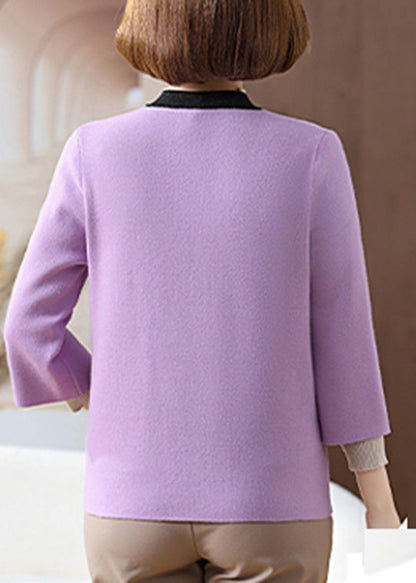 Chinese Style Purple V Neck Patchwork Knit Cardigans Spring