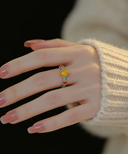 Chinese Style Rainbow Alloy Beeswax Turquoise Agate Rings