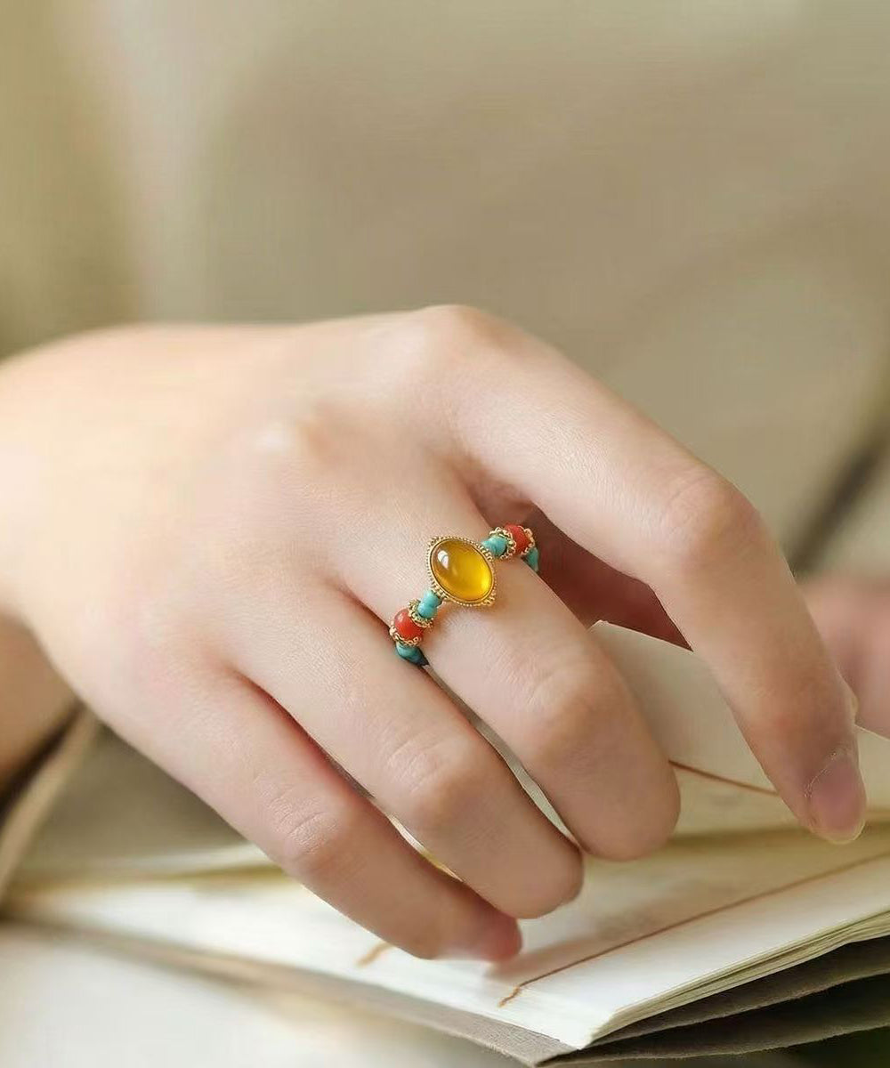 Chinese Style Rainbow Alloy Beeswax Turquoise Agate Rings
