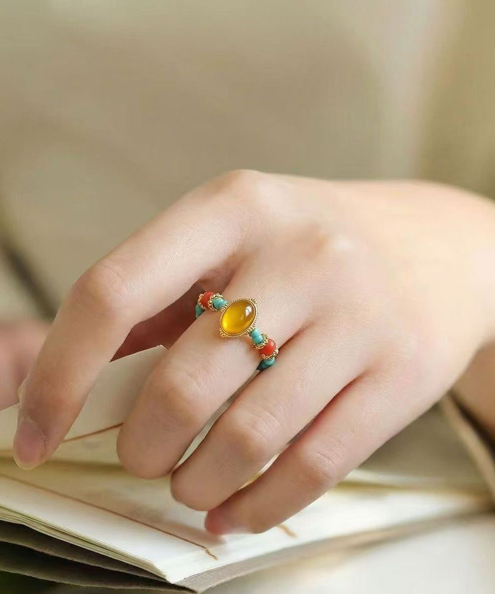 Chinese Style Rainbow Alloy Beeswax Turquoise Agate Rings
