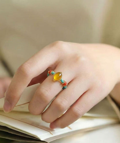 Chinese Style Rainbow Alloy Beeswax Turquoise Agate Rings