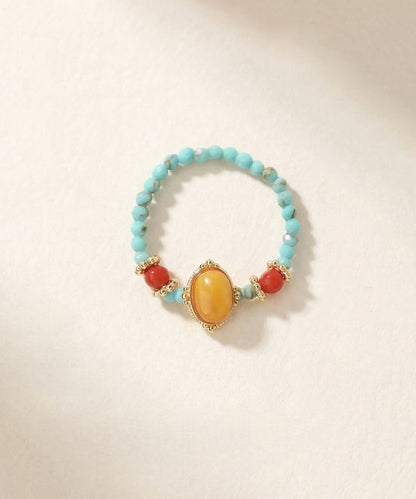 Chinese Style Rainbow Alloy Beeswax Turquoise Agate Rings