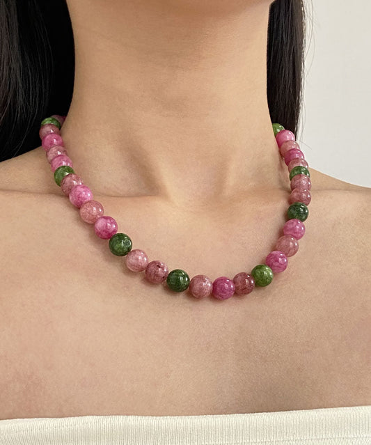 Chinese Style Rainbow Alloy Gem Stone Agate Gratuated Bead Necklace