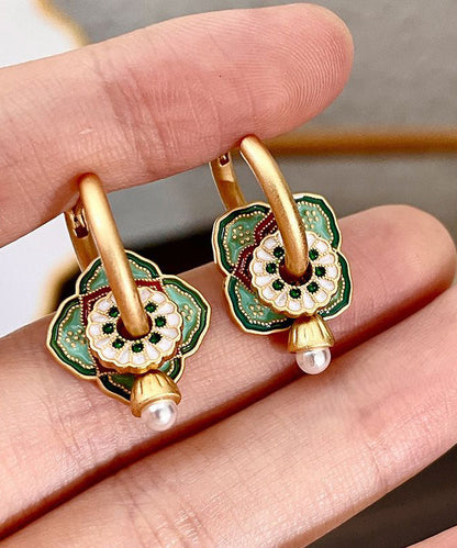 Chinese Style Rainbow Copper Overgild Dripping Glaze Floral Hoop Earrings