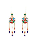 Chinese Style Rainbow Copper Overgild Jade Enamel Tassel Drop Earrings