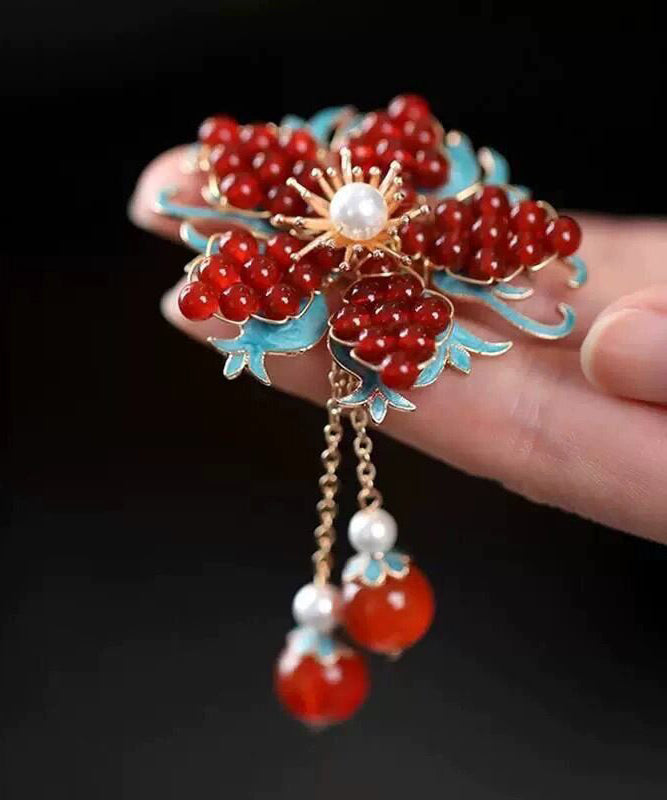 Chinese Style Red Alloy Floral Pearl Tassel Hairpin