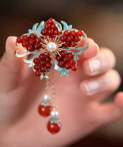 Chinese Style Red Alloy Floral Pearl Tassel Hairpin