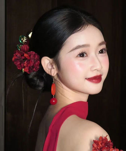 Chinese Style Red Copper Alloy Asymmetrical Drop Earrings