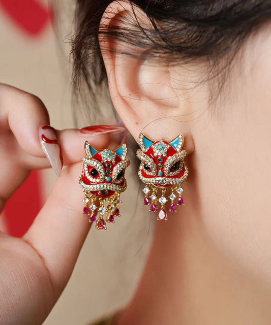Chinese Style Red Copper Alloy Lion Danc Stud Earring