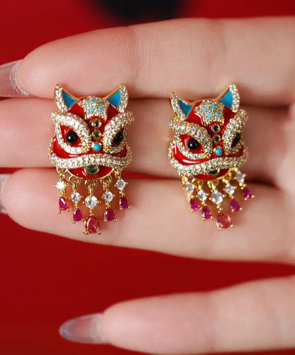 Chinese Style Red Copper Alloy Lion Danc Stud Earring