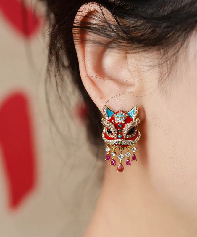 Chinese Style Red Copper Alloy Lion Danc Stud Earring