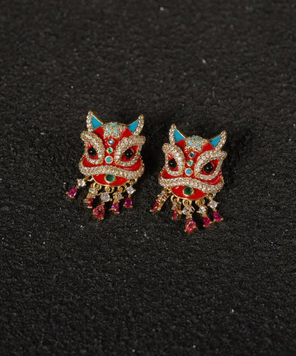 Chinese Style Red Copper Alloy Lion Danc Stud Earring