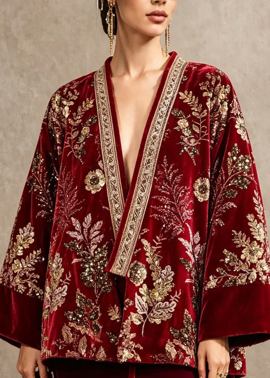 Chinese Style Red Embroidered Patchwork Fine Cotton Filled Jacket Winter