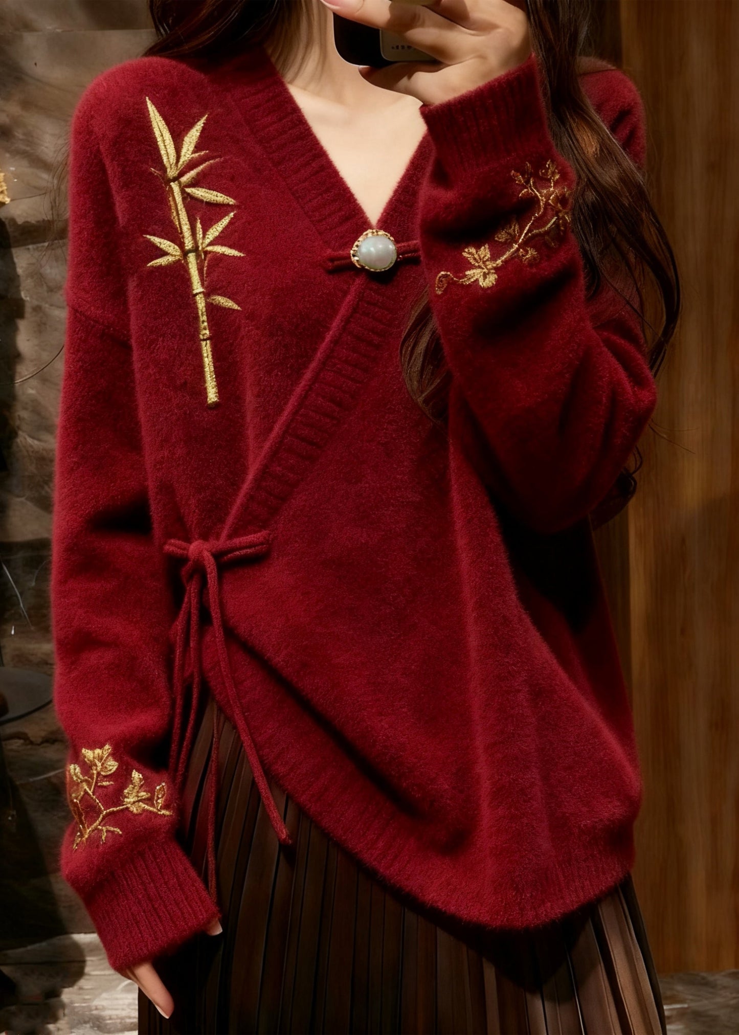 Chinese Style Red Embroidered Tie Waist Cotton Knit Sweater Fall