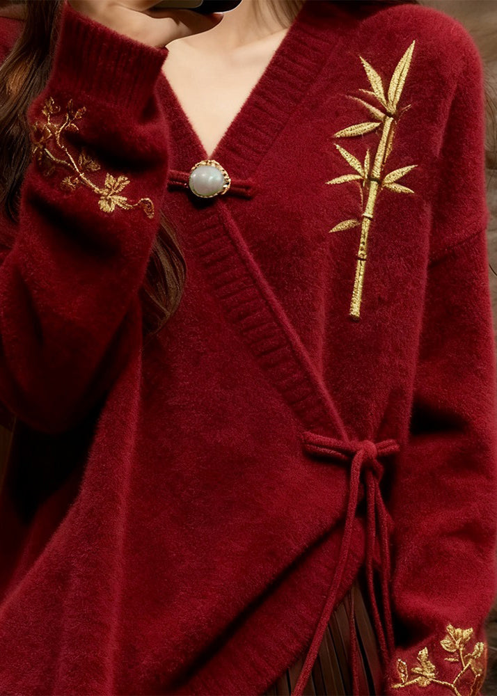 Chinese Style Red Embroidered Tie Waist Cotton Knit Sweater Fall