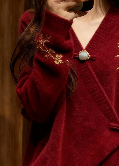 Chinese Style Red Embroidered Tie Waist Cotton Knit Sweater Fall