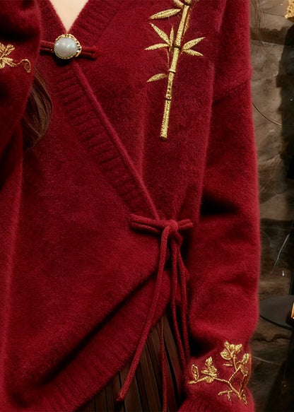 Chinese Style Red Embroidered Tie Waist Cotton Knit Sweater Fall