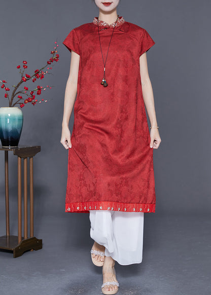 Chinese Style Red Embroideried Patchwork Silk Long Dress Summer