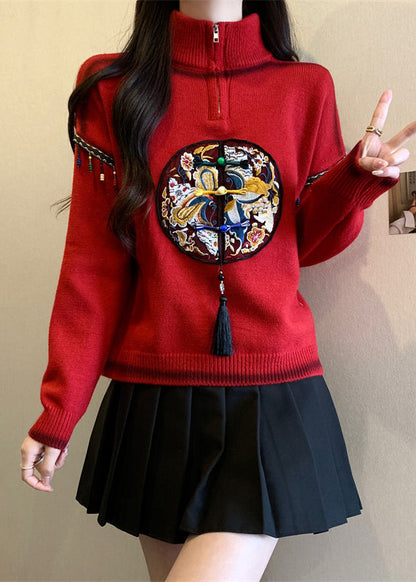 Chinese Style Red Hign Neck Embroidered Knit Sweaters Spring