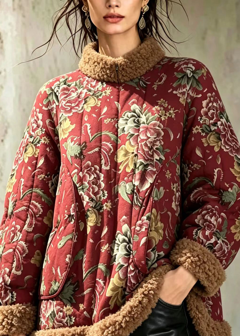 Chinese Style Red Hign Neck Fleece Trim Print Cotton Filled Winter Coat