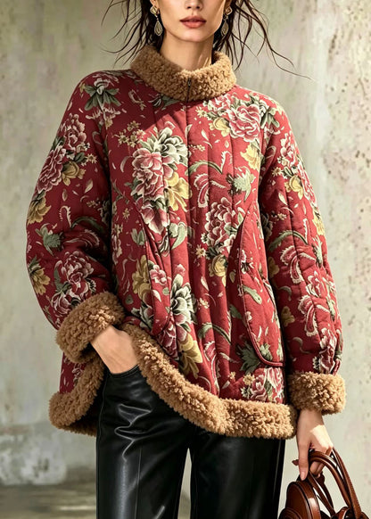 Chinese Style Red Hign Neck Fleece Trim Print Cotton Filled Winter Coat
