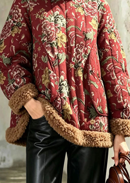 Chinese Style Red Hign Neck Fleece Trim Print Cotton Filled Winter Coat