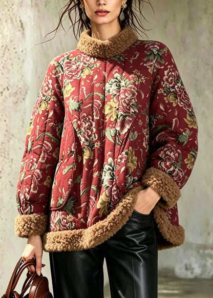 Chinese Style Red Hign Neck Fleece Trim Print Cotton Filled Winter Coat