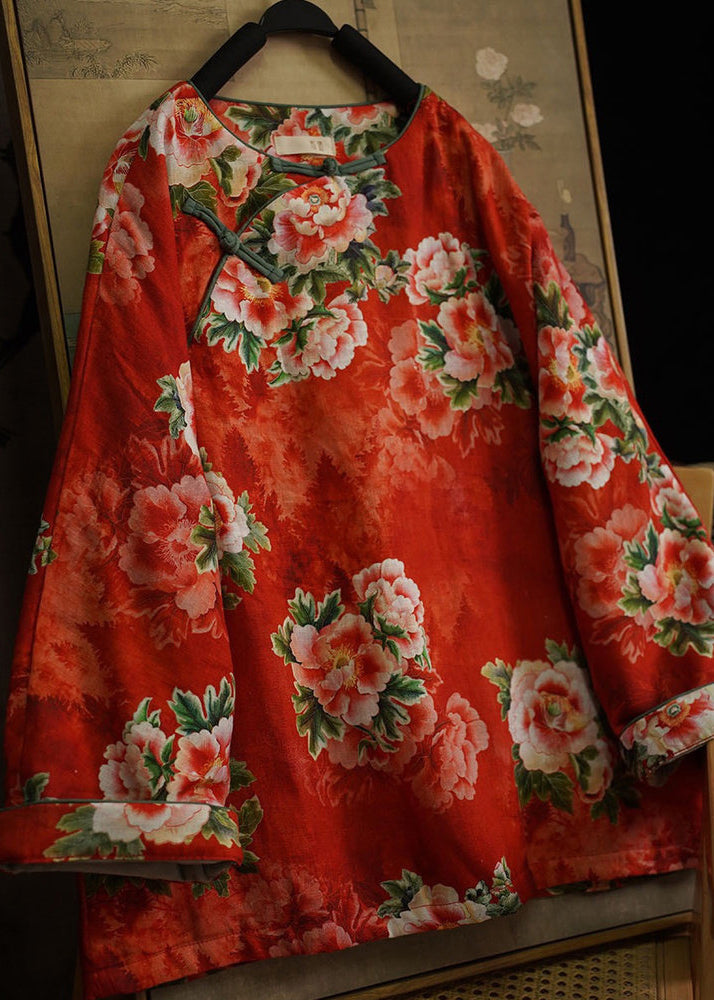 Chinese Style Red Print Oriental Button Fine Cotton Filled Coat Winter
