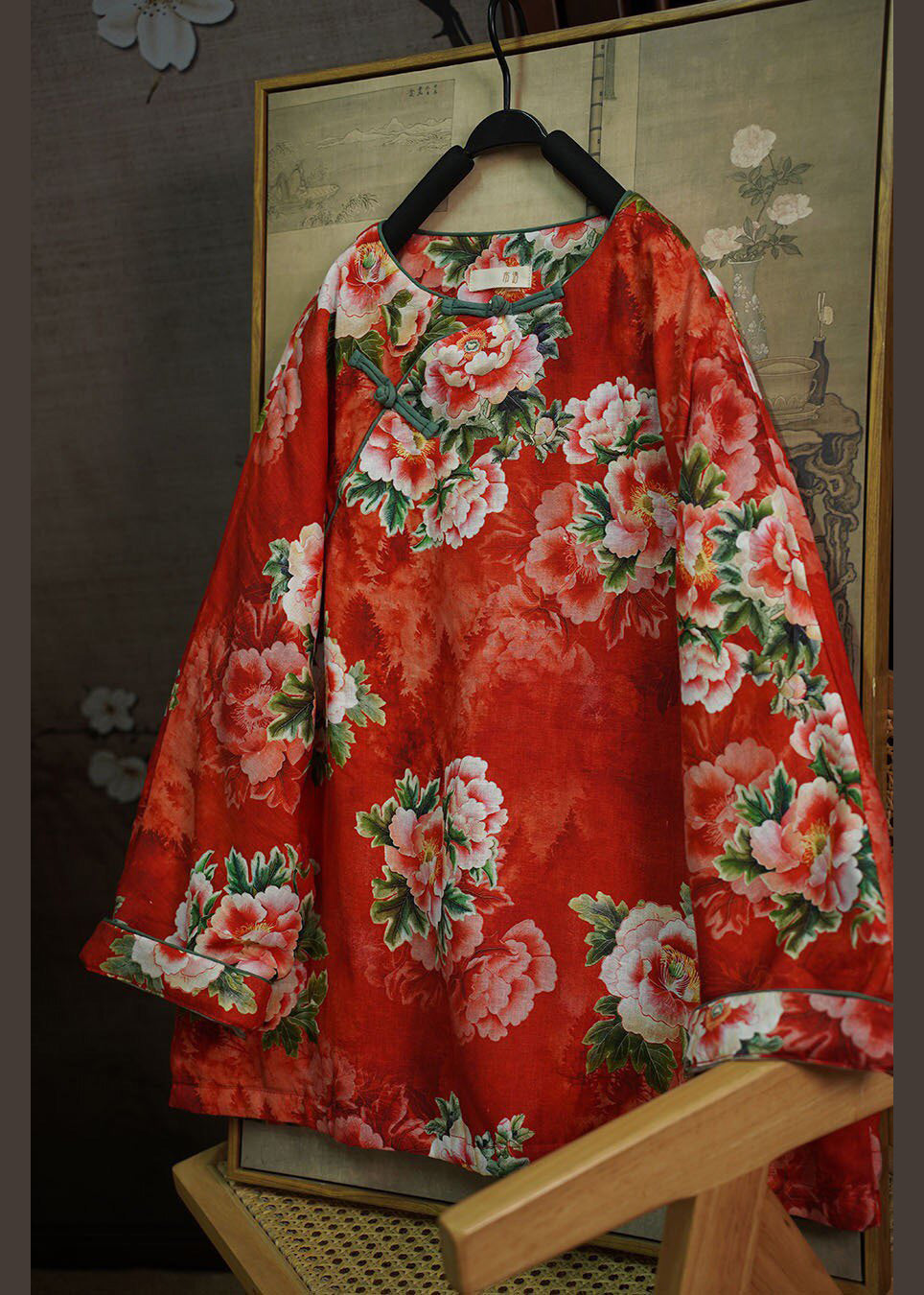 Chinese Style Red Print Oriental Button Fine Cotton Filled Coat Winter
