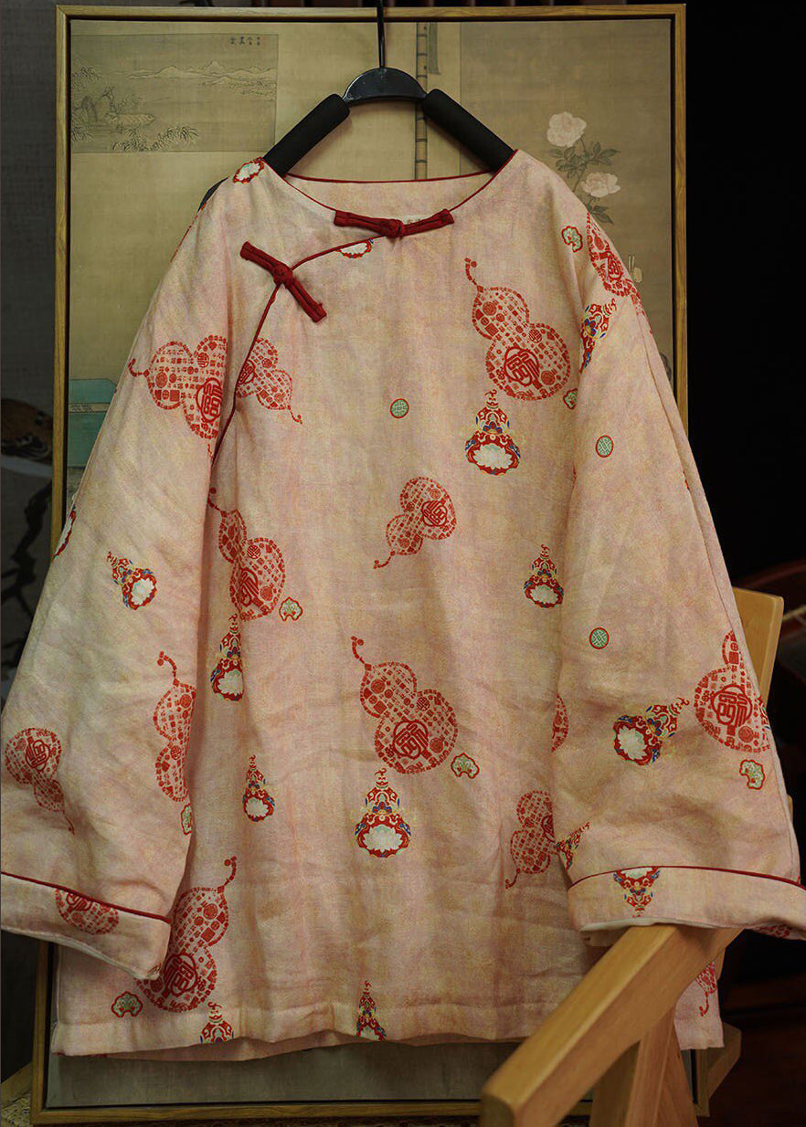 Chinese Style Red Print Oriental Button Fine Cotton Filled Coat Winter
