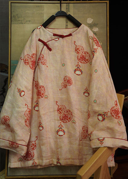 Chinese Style Red Print Oriental Button Fine Cotton Filled Coat Winter