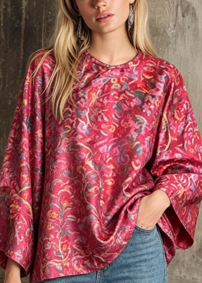 Chinese Style Red Print Oriental Button Silk Top Fall