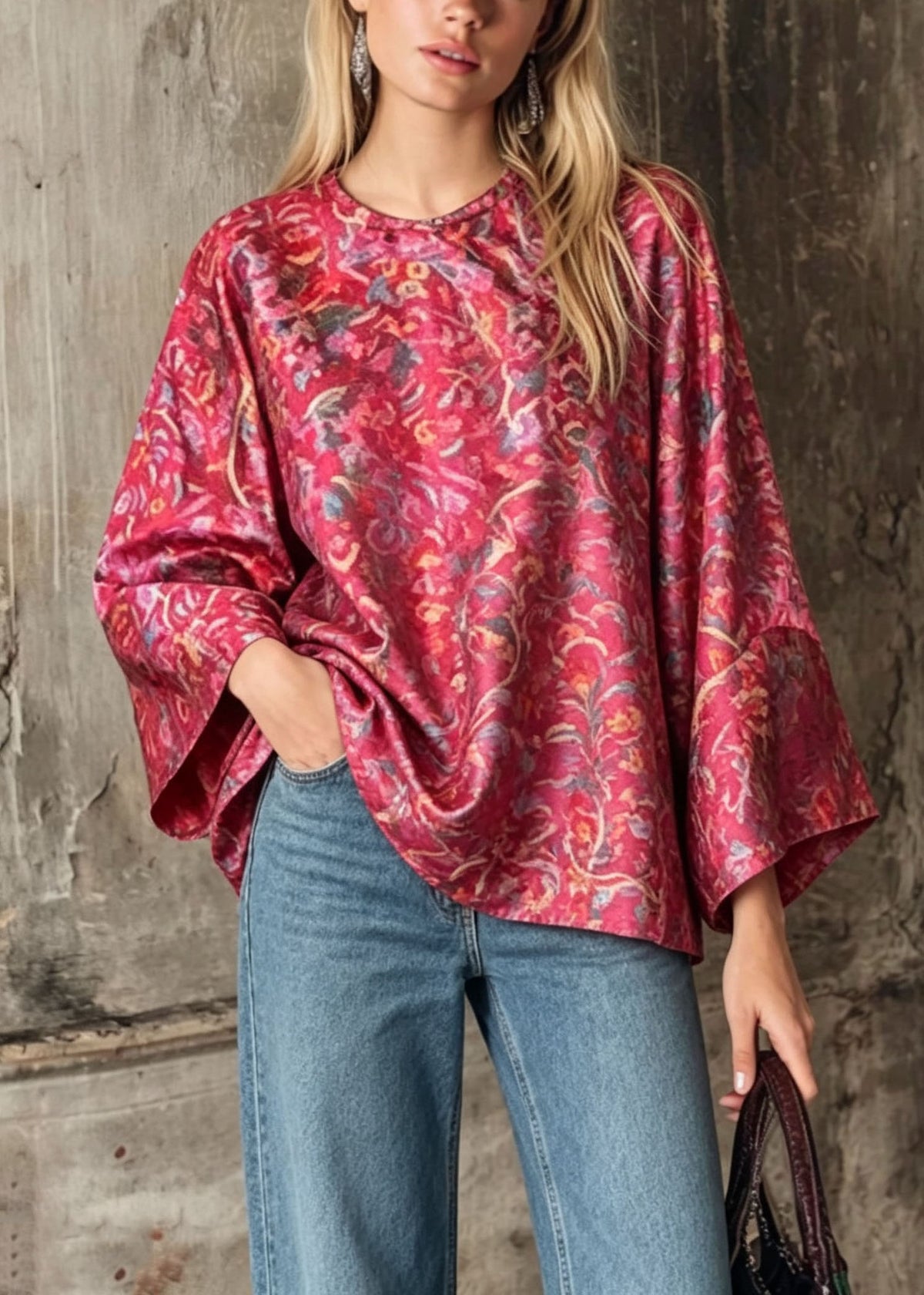 Chinese Style Red Print Oriental Button Silk Top Fall