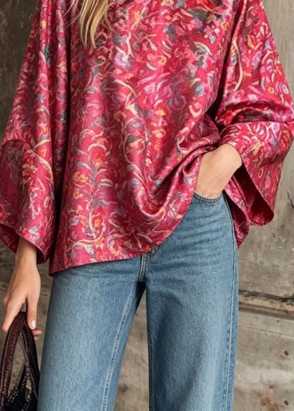 Chinese Style Red Print Oriental Button Silk Top Fall