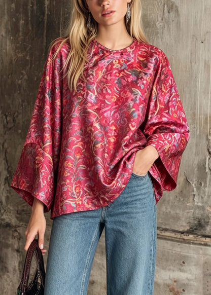 Chinese Style Red Print Oriental Button Silk Top Fall