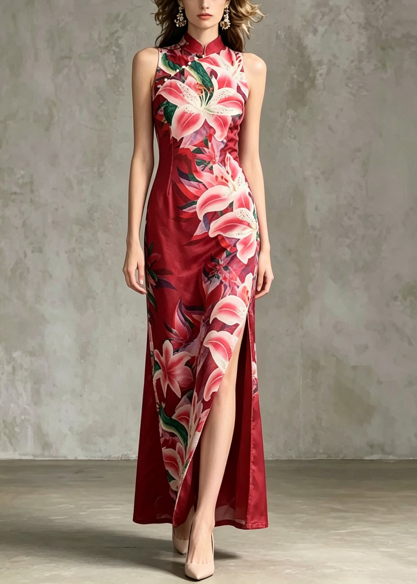 Chinese Style Red Print Side Open Tulle Dress Summer