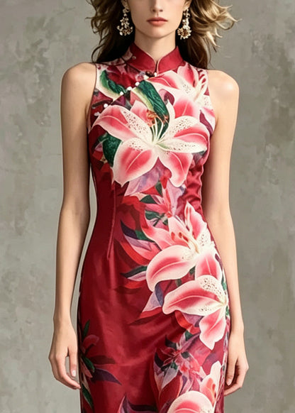 Chinese Style Red Print Side Open Tulle Dress Summer