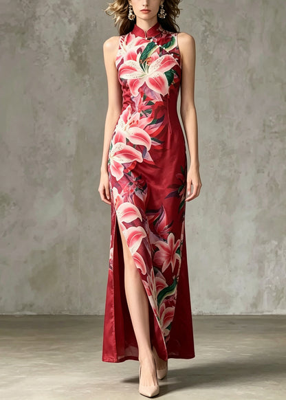 Chinese Style Red Print Side Open Tulle Dress Summer