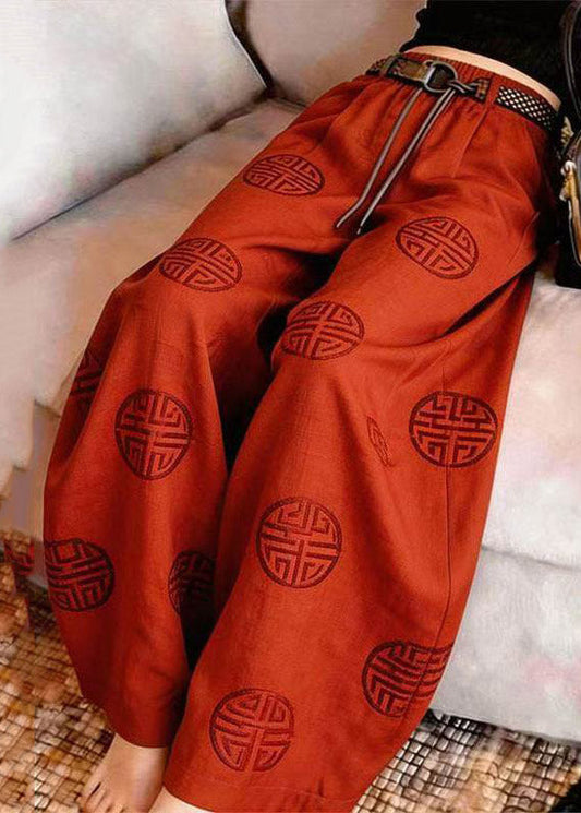 Chinese Style Red Print Wide Leg Pants