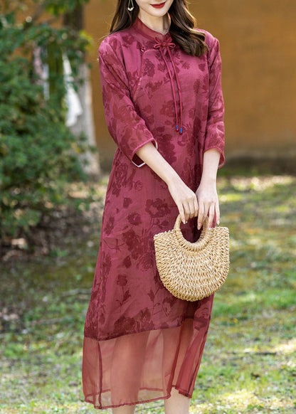 Chinese Style Red Stand Collar Print Ramie Long Dress Spring