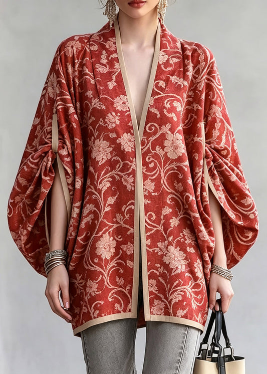 Chinese Style Red V Neck Print Cardigan Lantern Sleeve