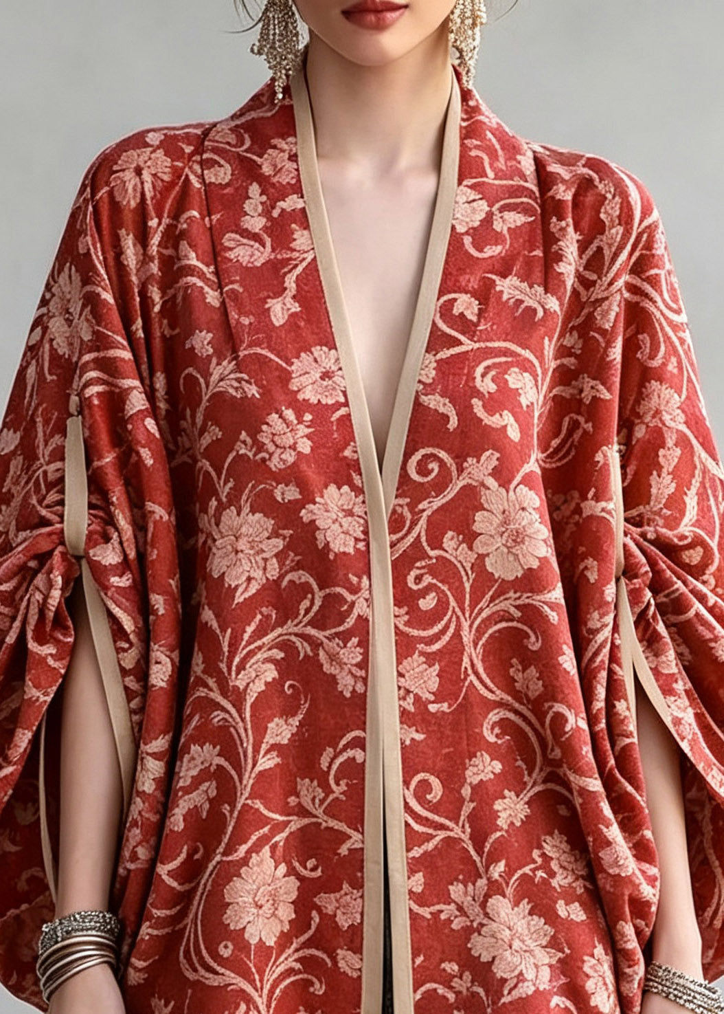 Chinese Style Red V Neck Print Cardigan Lantern Sleeve