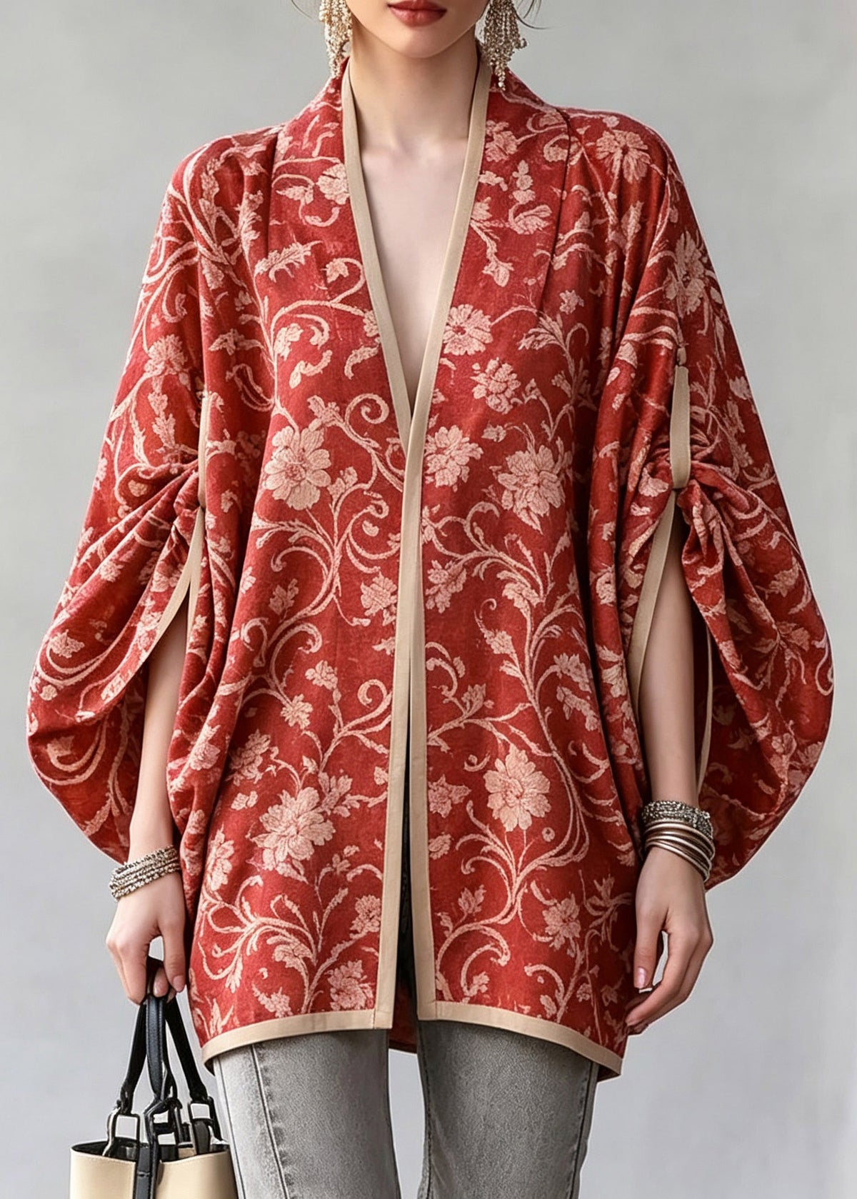Chinese Style Red V Neck Print Cardigan Lantern Sleeve