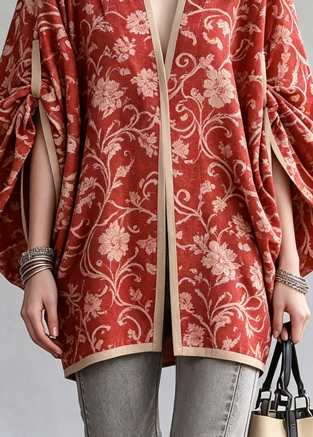 Chinese Style Red V Neck Print Cardigan Lantern Sleeve