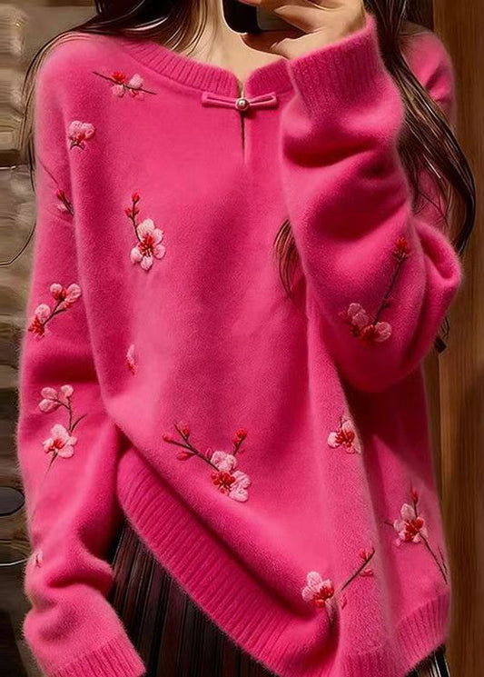 Chinese Style Rose Print Cozy Knit Sweater Spring