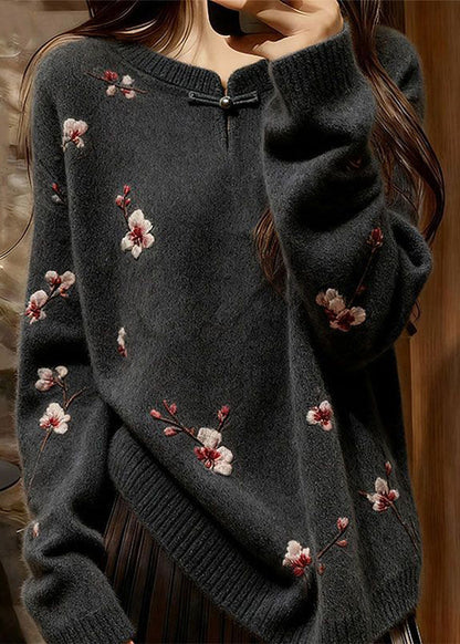 Chinese Style Rose Print Cozy Knit Sweater Spring